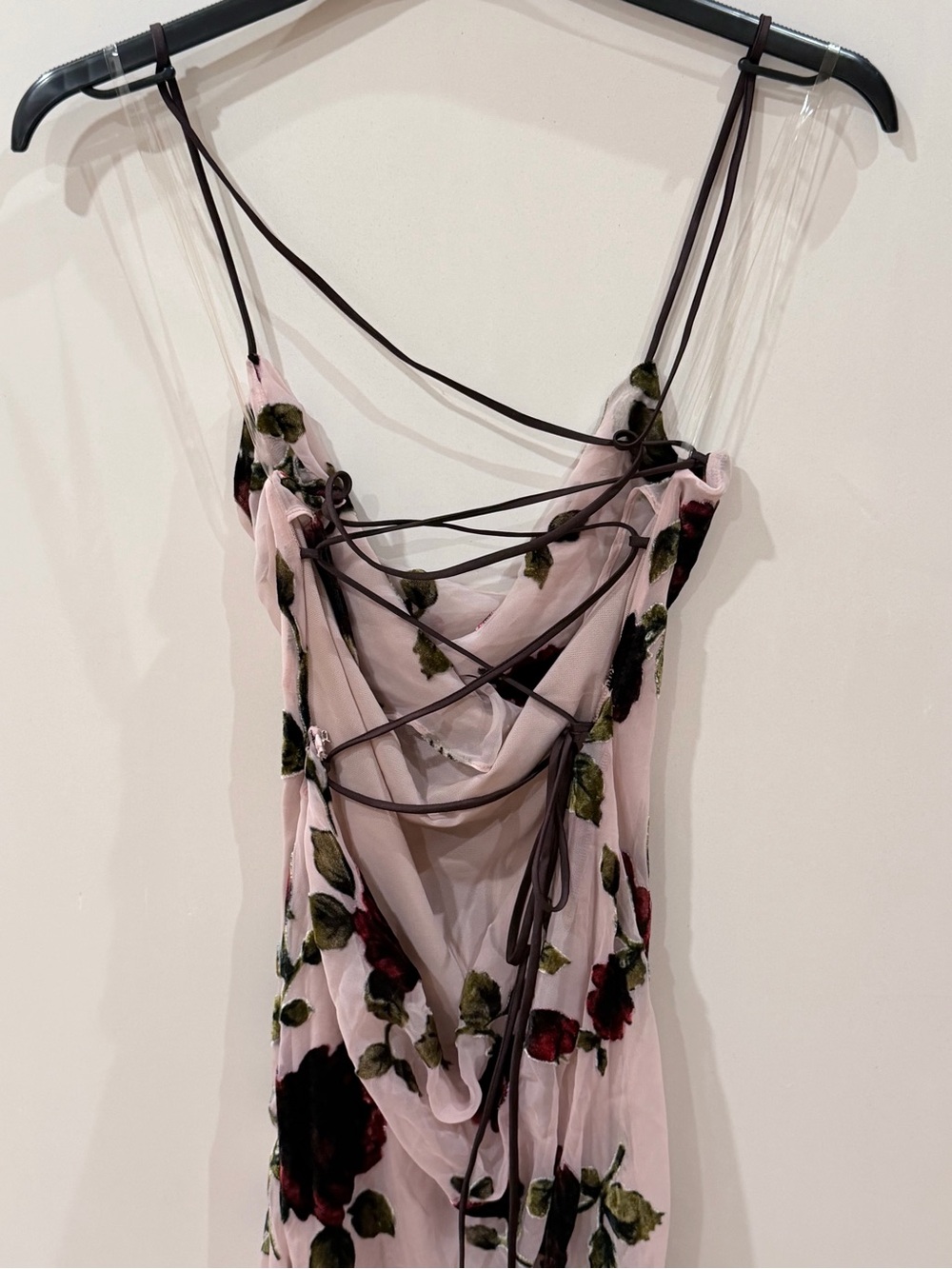 House of CB Sheer Pink Floral Dresswith Velvet Rose Applique - Picture 3 of 4